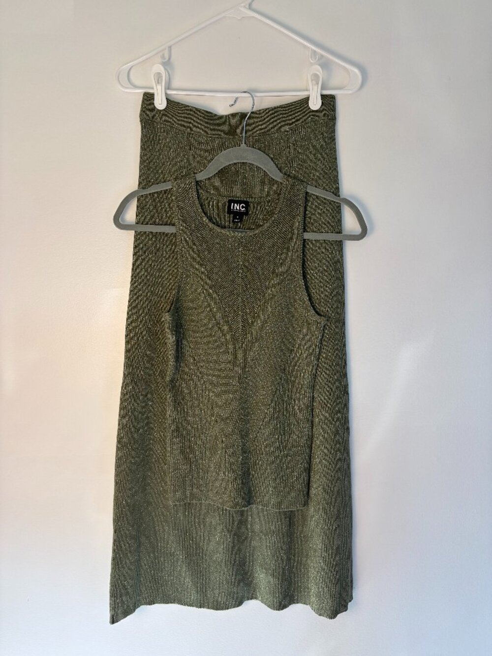 I.N.C. International Concepts Olive Green Shimmer Top and Skirt Matching Set